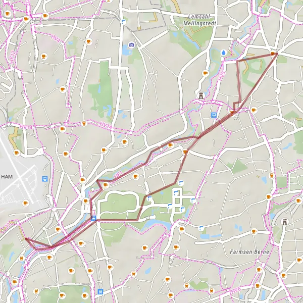 Map miniature of "Wellingsbüttel and Alsterdorf Gravel Loop" cycling inspiration in Hamburg, Germany. Generated by Tarmacs.app cycling route planner