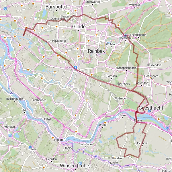 Karten-Miniaturansicht der Radinspiration "Abenteuerliche Tour nach Bergedorf und Aumühle" in Hamburg, Germany. Erstellt vom Tarmacs.app-Routenplaner für Radtouren