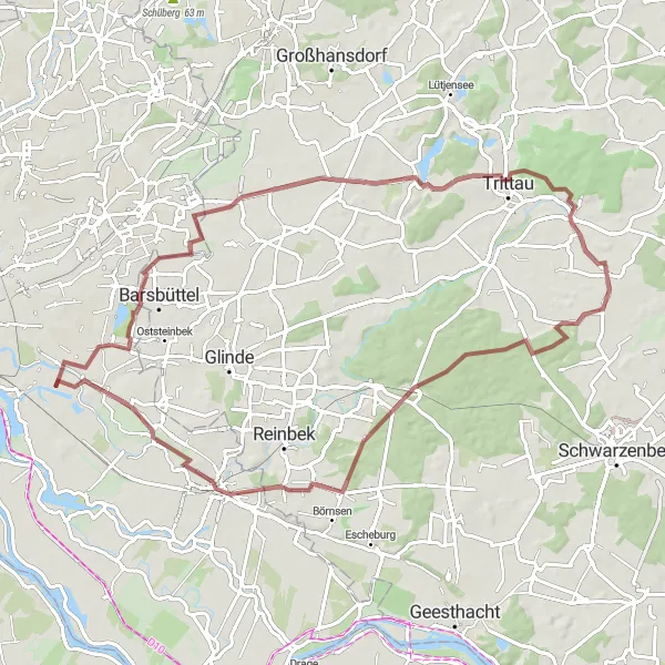 Karten-Miniaturansicht der Radinspiration "Rundtour durch die grünen Wälder östlich von Billbrook" in Hamburg, Germany. Erstellt vom Tarmacs.app-Routenplaner für Radtouren