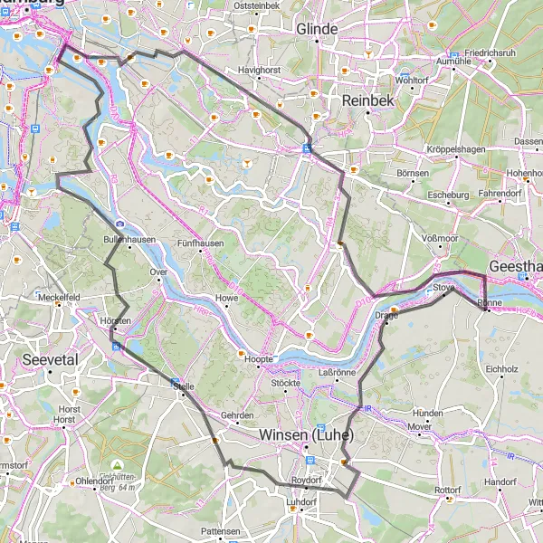 Map miniature of "Bergedorf and Leuchtfeuer Bunthaus Loop" cycling inspiration in Hamburg, Germany. Generated by Tarmacs.app cycling route planner