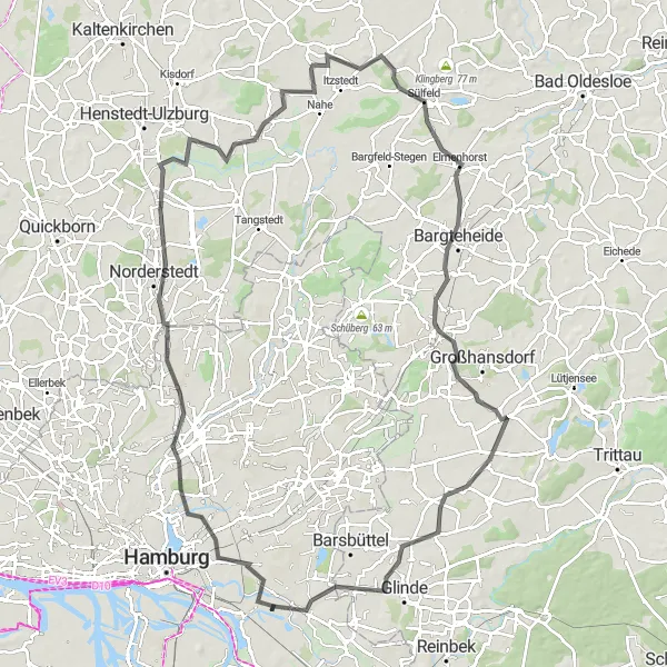Map miniature of "Alsterdorf and Ahrensburg Loop" cycling inspiration in Hamburg, Germany. Generated by Tarmacs.app cycling route planner