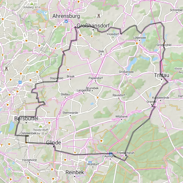 Map miniature of "Billstedt to Friedrichsruh and Back" cycling inspiration in Hamburg, Germany. Generated by Tarmacs.app cycling route planner
