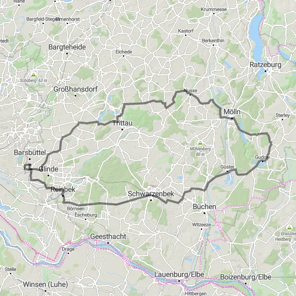 Map miniature of "Billstedt to Schwarzenbek" cycling inspiration in Hamburg, Germany. Generated by Tarmacs.app cycling route planner