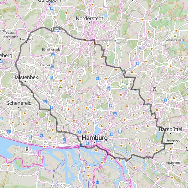 Map miniature of "Billstedt to Plaza and Back" cycling inspiration in Hamburg, Germany. Generated by Tarmacs.app cycling route planner