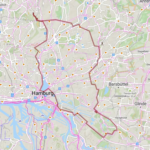 Karten-Miniaturansicht der Radinspiration "Faszinierende Schottertour um Billwerder" in Hamburg, Germany. Erstellt vom Tarmacs.app-Routenplaner für Radtouren