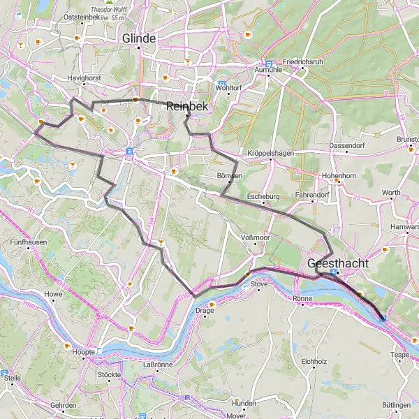 Map miniature of "The Reinbek Tour" cycling inspiration in Hamburg, Germany. Generated by Tarmacs.app cycling route planner