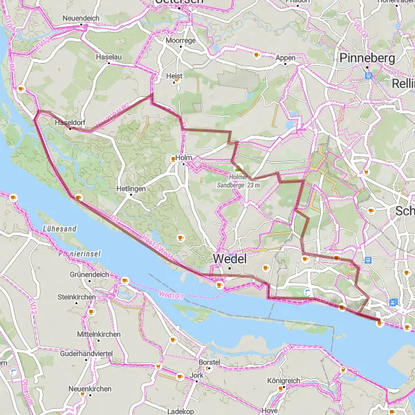 Map miniature of "Exploring Gravel Paths" cycling inspiration in Hamburg, Germany. Generated by Tarmacs.app cycling route planner