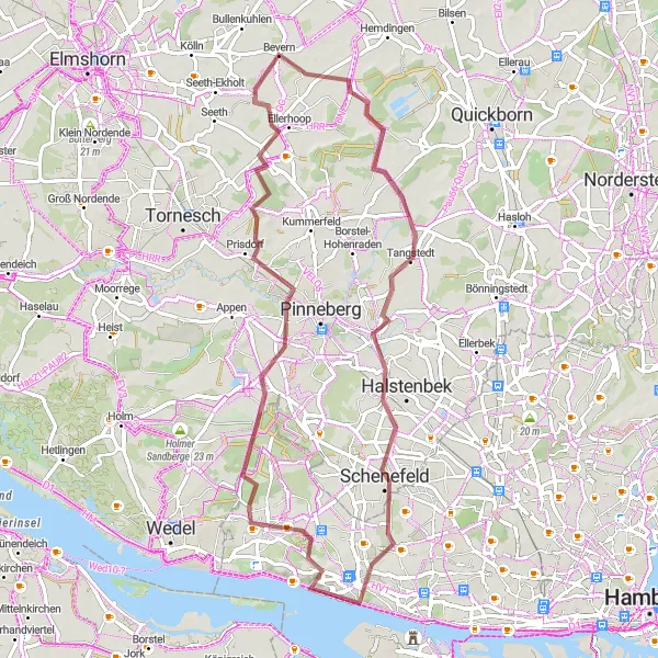 Map miniature of "Woods and Jungles Gravel Tour" cycling inspiration in Hamburg, Germany. Generated by Tarmacs.app cycling route planner