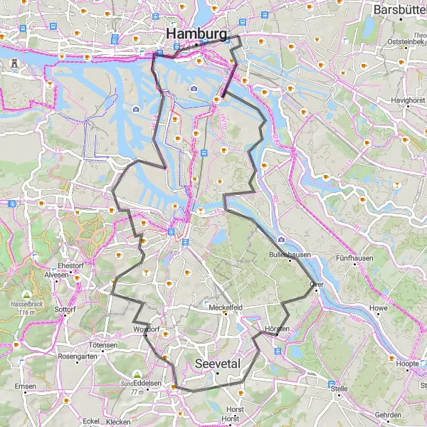 Karten-Miniaturansicht der Radinspiration "Küstentour durch Hamburg" in Hamburg, Germany. Erstellt vom Tarmacs.app-Routenplaner für Radtouren
