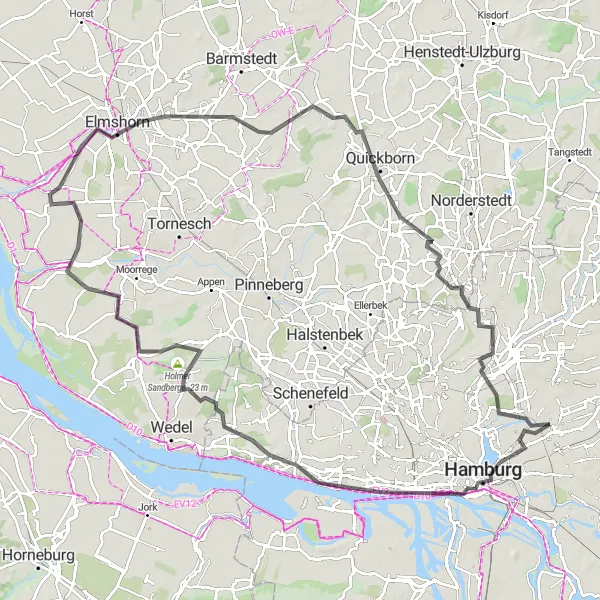 Map miniature of "Road cycling adventure to Elmshorn" cycling inspiration in Hamburg, Germany. Generated by Tarmacs.app cycling route planner