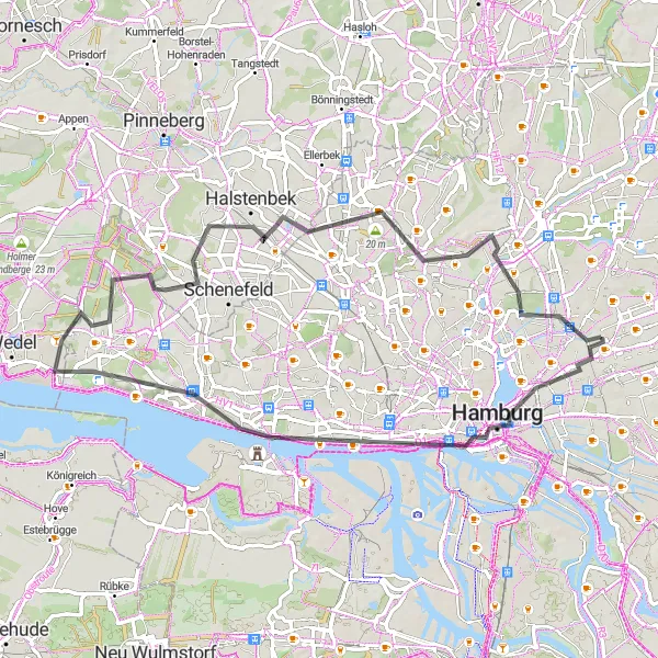 Map miniature of "Discovering Elbe River Beauty" cycling inspiration in Hamburg, Germany. Generated by Tarmacs.app cycling route planner