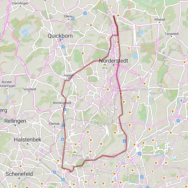 Map miniature of "Bönningstedt Circular Gravel Route" cycling inspiration in Hamburg, Germany. Generated by Tarmacs.app cycling route planner