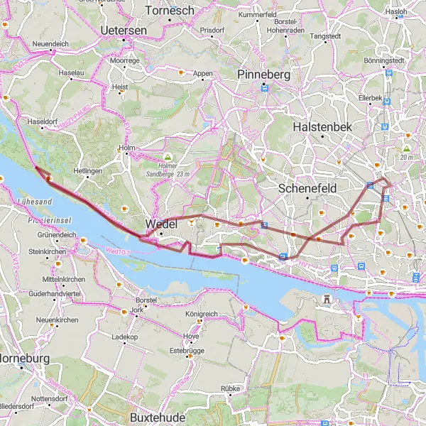 Map miniature of "Gravel Adventure Through Hamburg Suburbs" cycling inspiration in Hamburg, Germany. Generated by Tarmacs.app cycling route planner