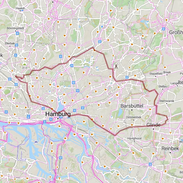 Map miniature of "Hummelsbüttel Adventure Gravel Route" cycling inspiration in Hamburg, Germany. Generated by Tarmacs.app cycling route planner