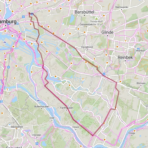 Karten-Miniaturansicht der Radinspiration "Kurze Gravelrunde durch den Osten Hamburgs" in Hamburg, Germany. Erstellt vom Tarmacs.app-Routenplaner für Radtouren