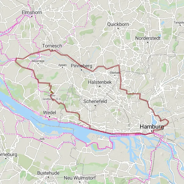 Map miniature of "The Gravel Gems of Hamburg" cycling inspiration in Hamburg, Germany. Generated by Tarmacs.app cycling route planner