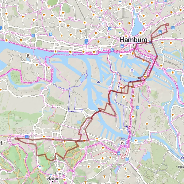 Map miniature of "The Gravel Tour of Hamburg's Hidden Treasures" cycling inspiration in Hamburg, Germany. Generated by Tarmacs.app cycling route planner