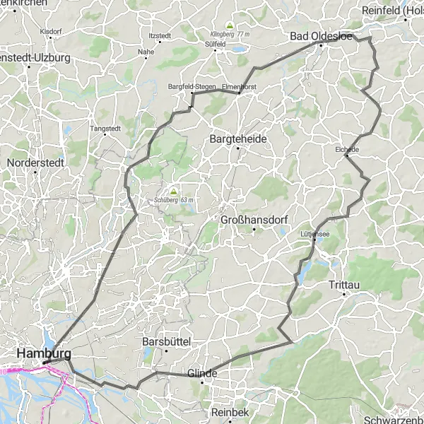 Map miniature of "Around Hamburg: City and Countryside Mix" cycling inspiration in Hamburg, Germany. Generated by Tarmacs.app cycling route planner