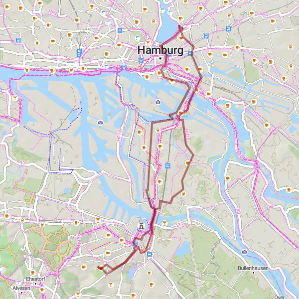 Map miniature of "Southern Hamburg Gravel Loop" cycling inspiration in Hamburg, Germany. Generated by Tarmacs.app cycling route planner