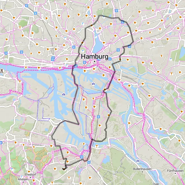 Karten-Miniaturansicht der Radinspiration "Entlang der Elbe" in Hamburg, Germany. Erstellt vom Tarmacs.app-Routenplaner für Radtouren