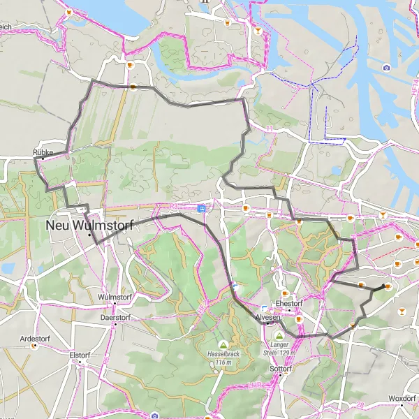 Map miniature of "Southern Suburbs Countryside Ride" cycling inspiration in Hamburg, Germany. Generated by Tarmacs.app cycling route planner