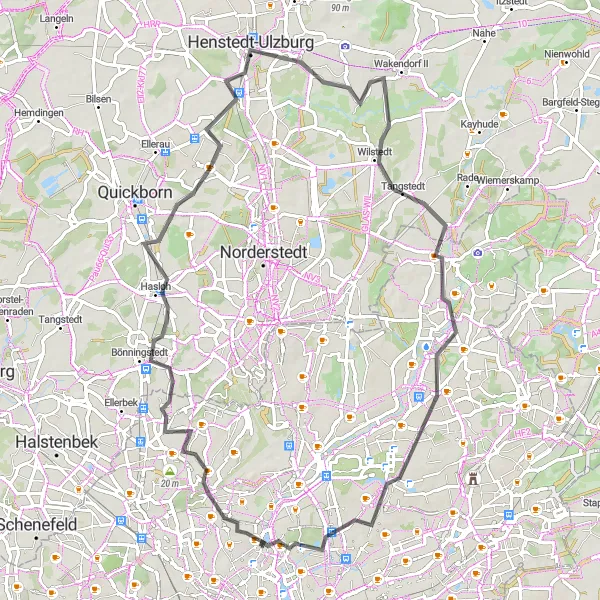 Karten-Miniaturansicht der Radinspiration "Erlebnisreiche Route durch Bönningstedt und Quickborn-Heide" in Hamburg, Germany. Erstellt vom Tarmacs.app-Routenplaner für Radtouren