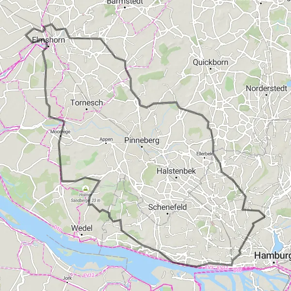 Map miniature of "Discover Hamburg's Western Suburbs on this Challenging Road Cycling Route" cycling inspiration in Hamburg, Germany. Generated by Tarmacs.app cycling route planner