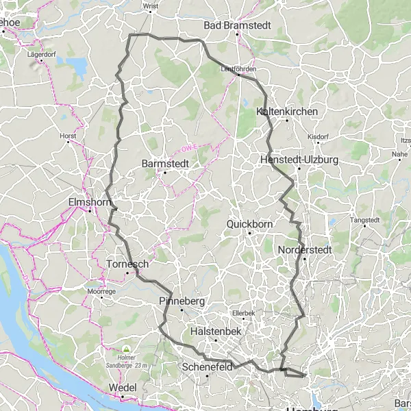 Map miniature of "The Long Journey" cycling inspiration in Hamburg, Germany. Generated by Tarmacs.app cycling route planner