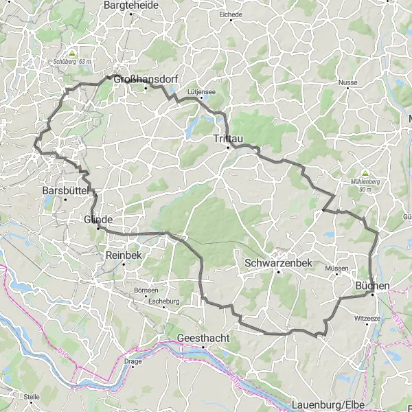 Map miniature of "The Hills of Großhansdorf" cycling inspiration in Hamburg, Germany. Generated by Tarmacs.app cycling route planner