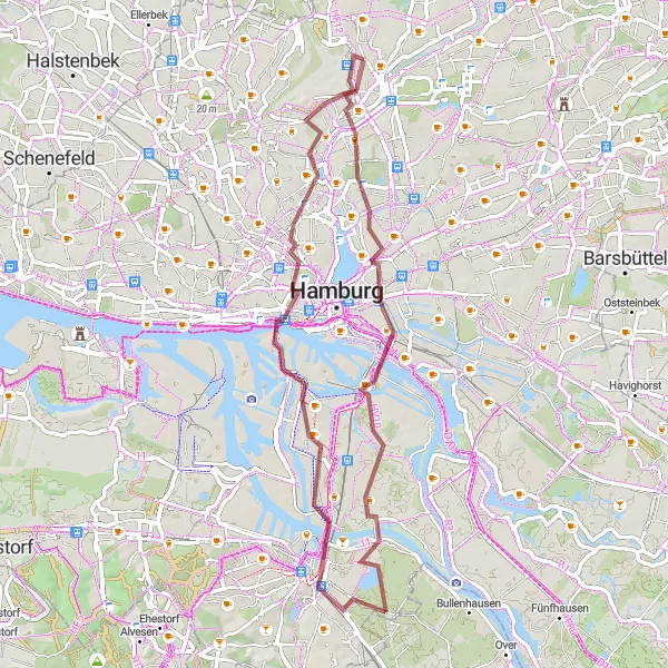 Map miniature of "Fuhlsbüttel to Reeperbahn Gravel Route" cycling inspiration in Hamburg, Germany. Generated by Tarmacs.app cycling route planner