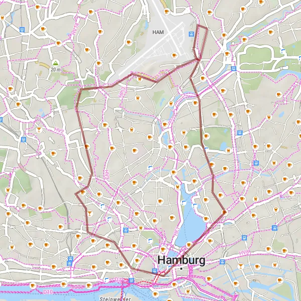 Karten-Miniaturansicht der Radinspiration "Gravel-Tour durch Hamburg" in Hamburg, Germany. Erstellt vom Tarmacs.app-Routenplaner für Radtouren