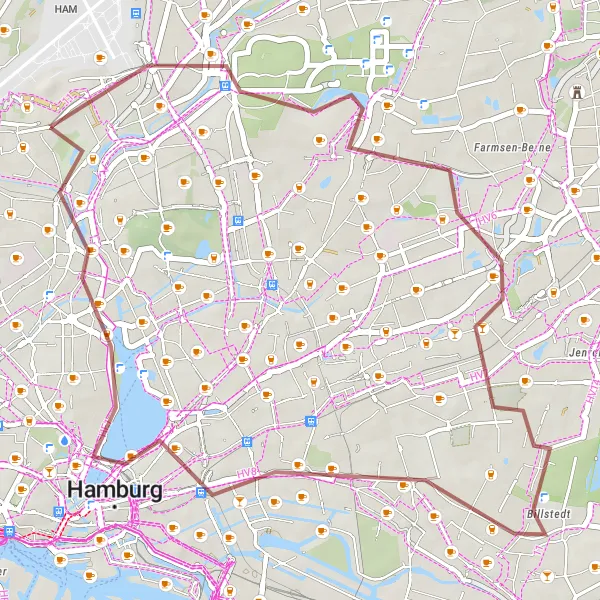 Map miniature of "Gravel Explorations" cycling inspiration in Hamburg, Germany. Generated by Tarmacs.app cycling route planner