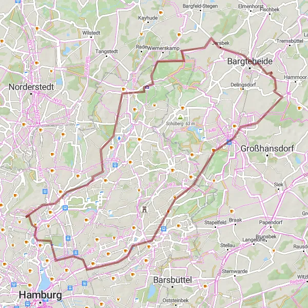 Karten-Miniaturansicht der Radinspiration "Abenteuerliche Gravel-Tour um Hamburg" in Hamburg, Germany. Erstellt vom Tarmacs.app-Routenplaner für Radtouren