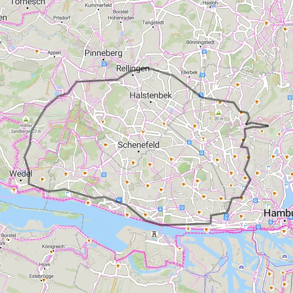Map miniature of "Exploring the Outskirts" cycling inspiration in Hamburg, Germany. Generated by Tarmacs.app cycling route planner