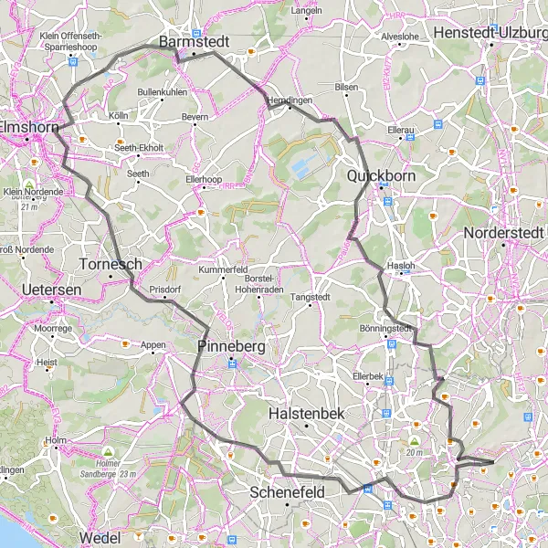 Map miniature of "The Panoramic Road Ride" cycling inspiration in Hamburg, Germany. Generated by Tarmacs.app cycling route planner