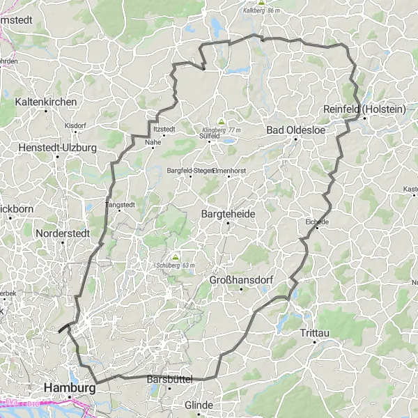 Map miniature of "The Hilly Road Challenge" cycling inspiration in Hamburg, Germany. Generated by Tarmacs.app cycling route planner
