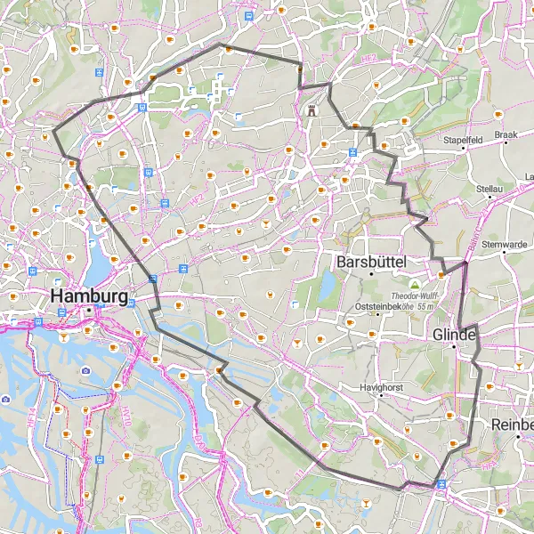 Map miniature of "Northern Trails" cycling inspiration in Hamburg, Germany. Generated by Tarmacs.app cycling route planner