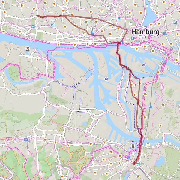 Map miniature of "Gravel Adventure to Wilhelmsburg" cycling inspiration in Hamburg, Germany. Generated by Tarmacs.app cycling route planner