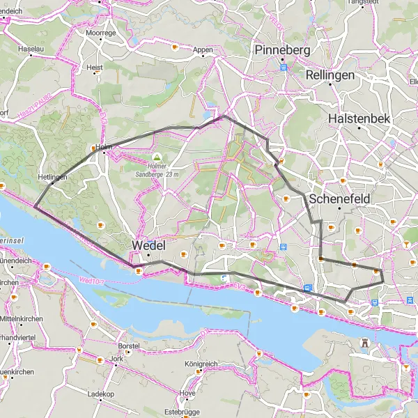 Map miniature of "Leisurely Ride in Wedel and Beyond" cycling inspiration in Hamburg, Germany. Generated by Tarmacs.app cycling route planner