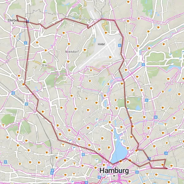 Map miniature of "Gravel Loop through Urban Delights" cycling inspiration in Hamburg, Germany. Generated by Tarmacs.app cycling route planner