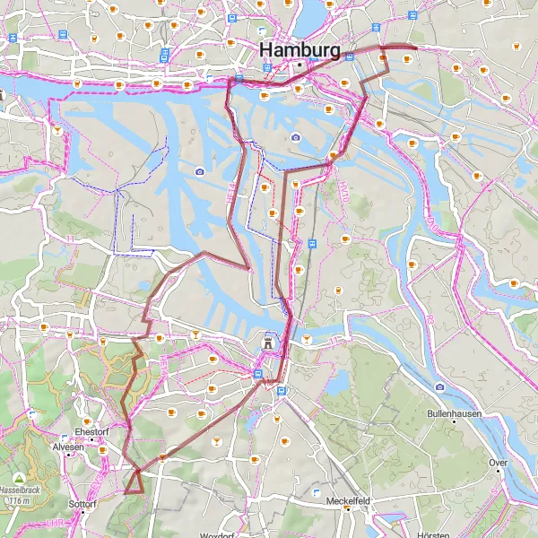 Map miniature of "Wilhelmsburg Adventure" cycling inspiration in Hamburg, Germany. Generated by Tarmacs.app cycling route planner