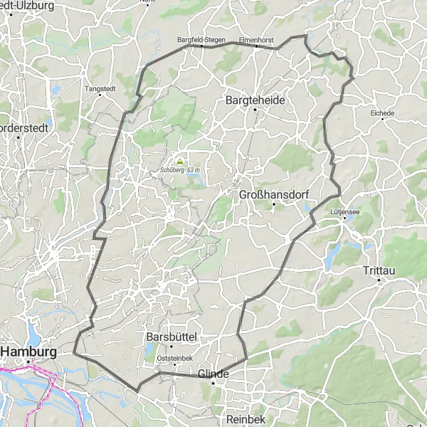 Karten-Miniaturansicht der Radinspiration "Spannende Roadtour durch Hamburg und Umgebung" in Hamburg, Germany. Erstellt vom Tarmacs.app-Routenplaner für Radtouren