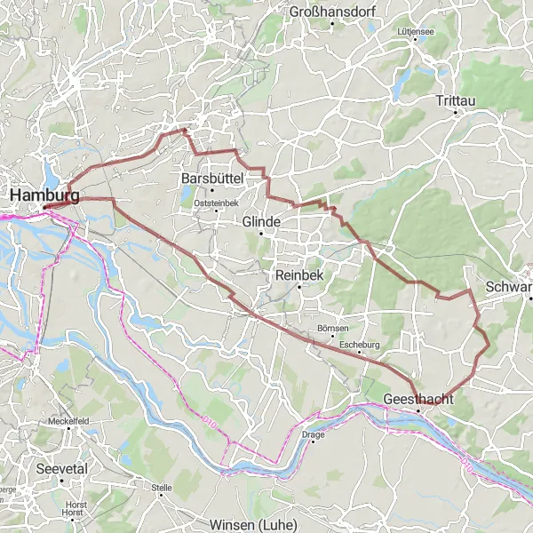 Map miniature of "Gravel Adventure with Hamburg and Escheburg" cycling inspiration in Hamburg, Germany. Generated by Tarmacs.app cycling route planner