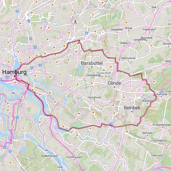 Map miniature of "Gravel Adventure to Rothenburgsort" cycling inspiration in Hamburg, Germany. Generated by Tarmacs.app cycling route planner