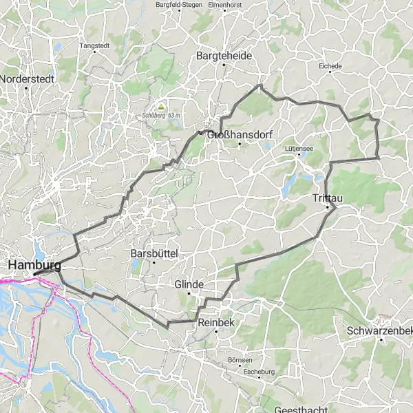 Map miniature of "Hamburg Loop with St. Petri and Ahrensburg" cycling inspiration in Hamburg, Germany. Generated by Tarmacs.app cycling route planner