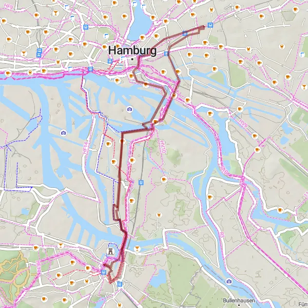 Karten-Miniaturansicht der Radinspiration "Speicherstadt und Harburg Schloss (Gravel)" in Hamburg, Germany. Erstellt vom Tarmacs.app-Routenplaner für Radtouren