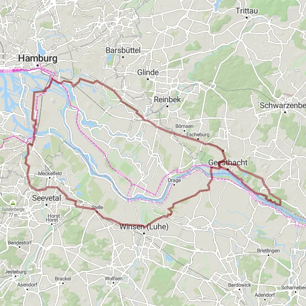 Map miniature of "The Gravel Adventure" cycling inspiration in Hamburg, Germany. Generated by Tarmacs.app cycling route planner