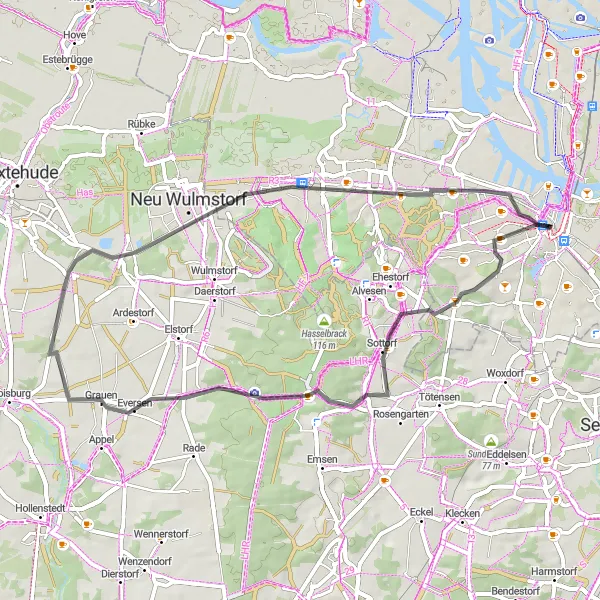 Karten-Miniaturansicht der Radinspiration "Naturschönheiten um Vahrendorf und Hausbruch (Straße)" in Hamburg, Germany. Erstellt vom Tarmacs.app-Routenplaner für Radtouren