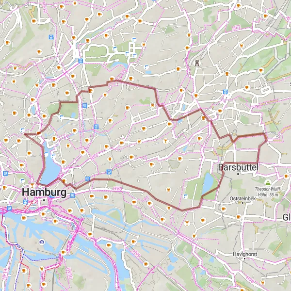 Map miniature of "Steilshoop Gravel Cycling Adventure" cycling inspiration in Hamburg, Germany. Generated by Tarmacs.app cycling route planner