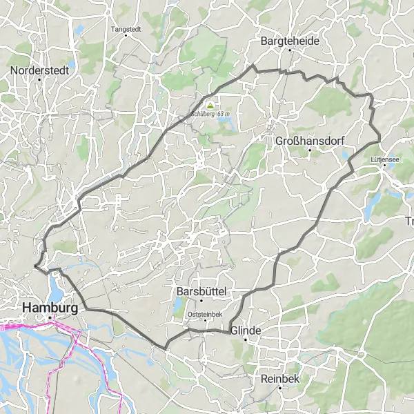 Karten-Miniaturansicht der Radinspiration "Naturschönheiten rund um Hamburg" in Hamburg, Germany. Erstellt vom Tarmacs.app-Routenplaner für Radtouren